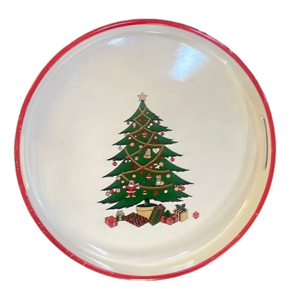 70s Vintage Round Acrylic Christmas Tray with Handles White 13.5” diameter
